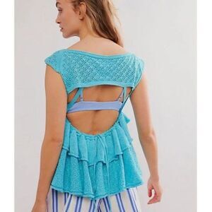 NWOT Free People Blue Juliette Ruffle Top, Sz Med, Linen Blend Boho Knit Hippie